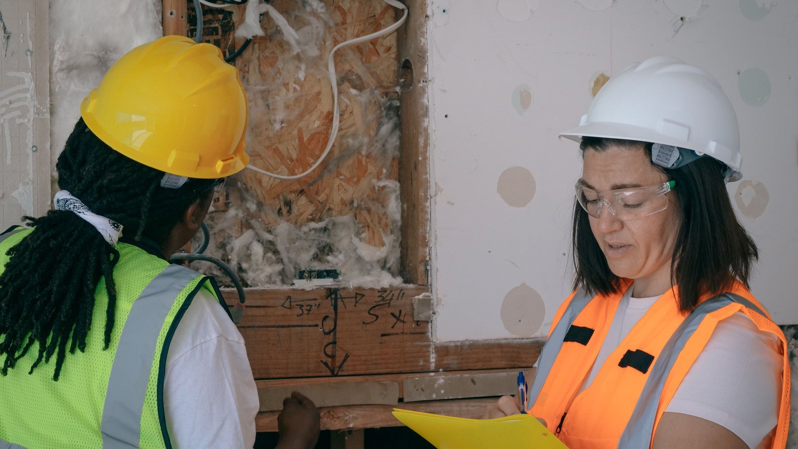 Engineers carrying out a technical inspection within a building under construction.